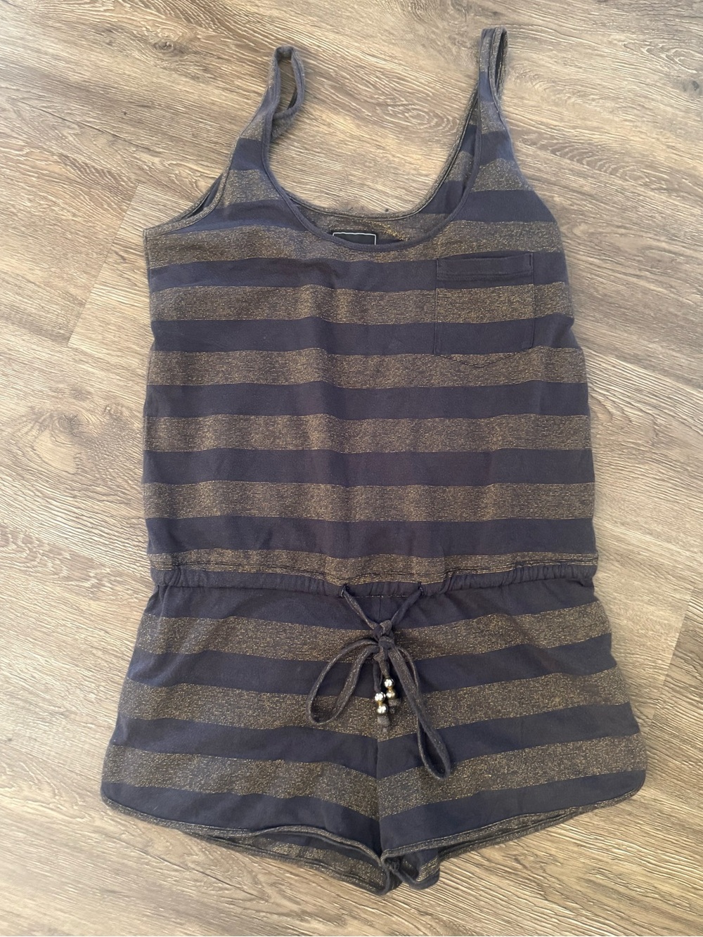 Obey Propaganda Striped Sleeveless Romper in Black and Gold Shimmer